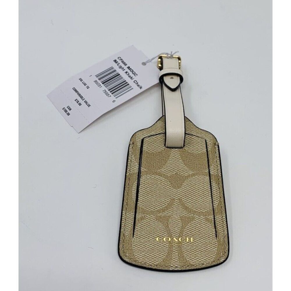 COACH Signature Canvas Luggage Tag Smooth Leather CF888 Gold Light Khaki Chalk
